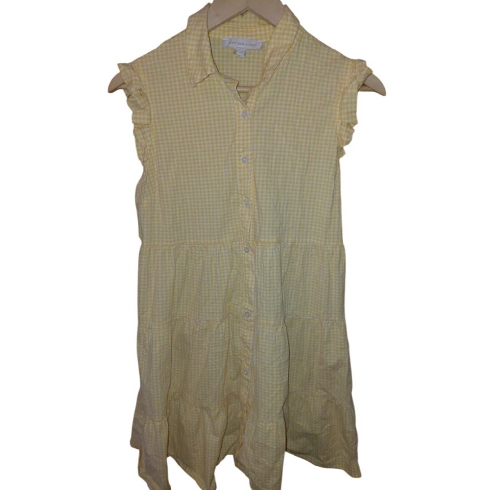 Monteau Los Angeles Womens Yellow Gingham Tiered Ruffle Button Front Dress Small